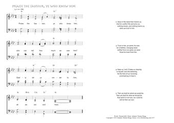 Hymn score of: Praise the Saviour, ye who know him (Thomas Kelly/Johannes Thomas Rüegg)