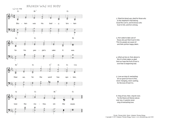 Hymn score of: Broken was his body; broken (Thomas Kelly/Johannes Thomas Rüegg)