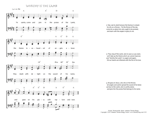 Hymn score of: Ye saints, come and join in the praise of the Lamb - Worthy is the Lamb (Thomas Kelly/Johannes Thomas Rüegg)