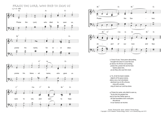 Hymn score of: Praise the Lord, who died to save us (Thomas Kelly/Johannes Thomas Rüegg)