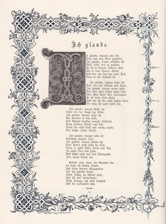 Ich glaube. Liedtext von Carl Johann Philipp Spitta mit F. Wanderers Illustration (aus Psalter und Harfe, 55. Auflage, Neue Jubelausgabe, 2. Abdruck, Bremen 1890, Seite 26).