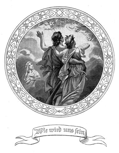 Erwartungsvoll zum Himmel schauen: Wie wird uns sein? - B. Plockhorsts Illustration zu diesem Lied (aus Psalter und Harfe, 55. Auflage, Neue Jubelausgabe, 2. Abdruck, Bremen 1890, Seite 64a).
