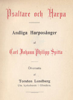 Title page of Torsten Lundberg's Psaltare och Harpa, Andliga Harposånger af Carl Johann Philipp Spitta.